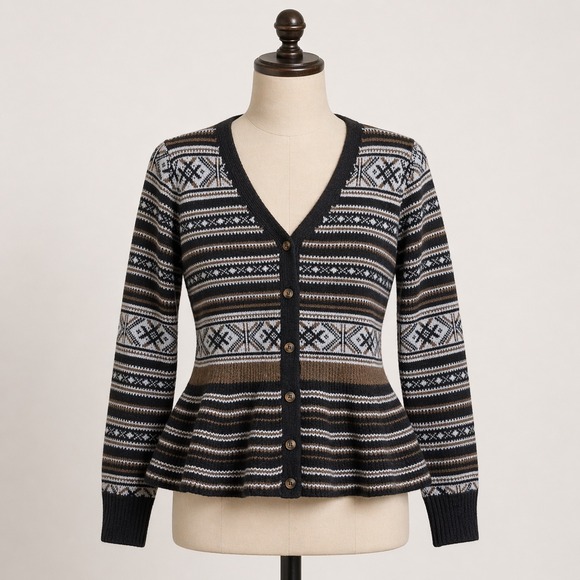 Verve Ami Sweaters - Verve Ami Womens Fair Isle Peplum Cardigan Sweater Black Brown XL V-Neck Knit